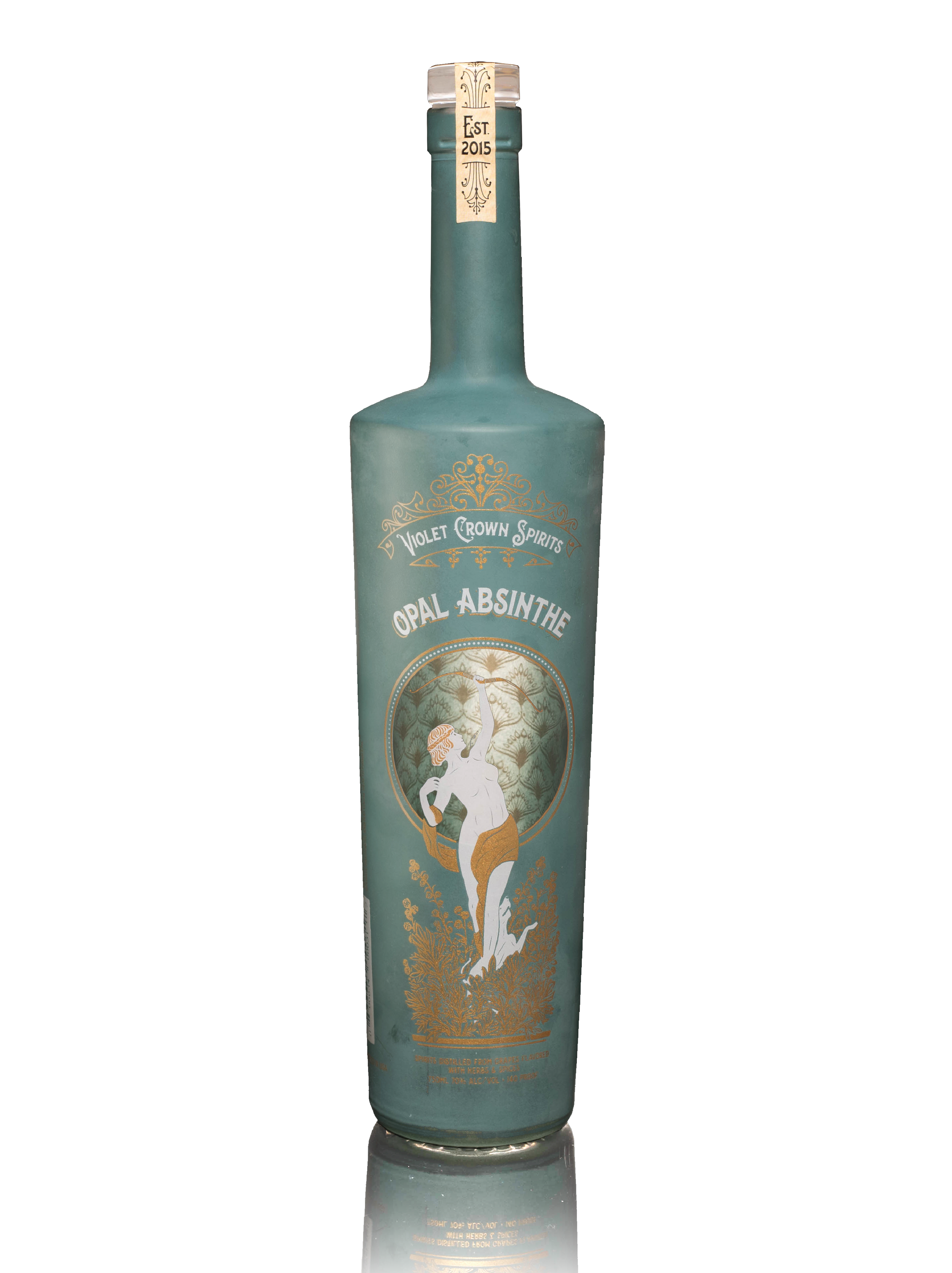 Bottle Shot Opal for www Opal Absinte 750ml Seaglass green bottle with white text and gold accents, Violet Crown Spirits Opal Absinthe 55%abv Depiction of Artemis accompanied by hunting dog, standing in a patch of wormwood shooting an arrow skyward